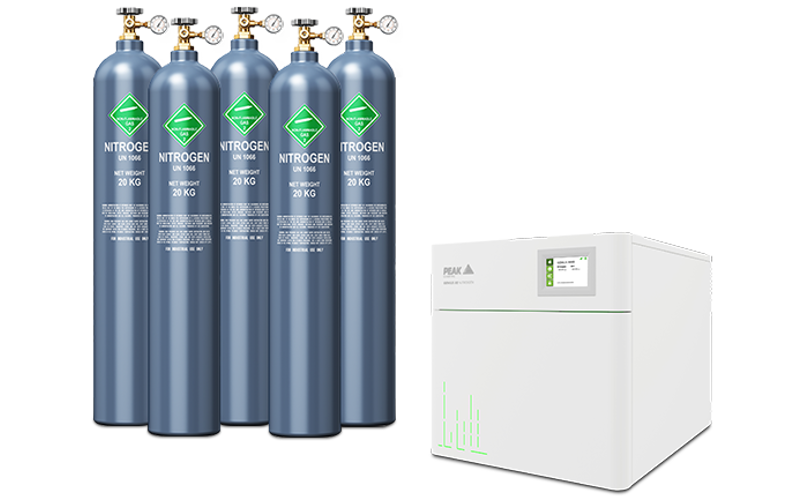 A stack of 5 gas cylinders next to a white gas generator